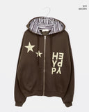 [Brushed Lining] Skin Star Print Stripe Color Matching Two-Way Loose Fit Hood Zip-Up