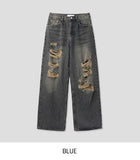 Cork damage washing wide denim pants