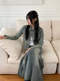 Lazer cut patch maxi denim long skirt