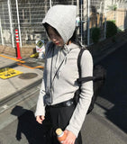 RIB KNIT HOOD ZIP-UP