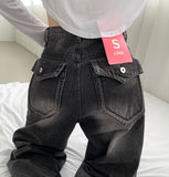 Back Point Pocket Washing Wide Fit Denim Pants