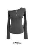 Tees Rib Button Unbalance Shoulder Long Sleeve