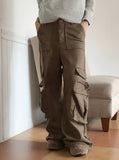 Zuri Y2K Washing Suede Cargo Back Banding Long Wide Pants