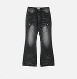 Groove cat-washed rivet flare denim pants