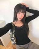 [MADE] Newbe Lace Point Button Ribbed Long Sleeve T-Shirt