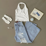 Halterneck Solid Cotton Blend Basic Fit Sleeveless