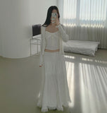 Lovely Lace Ribbon Punching Sleeveless Cardigan Set