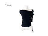 Zant Ribbon Knot Off-Shoulder Shirring T-Shirt
