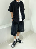 Vintage Washing Rinkle Wide Black Half Denim