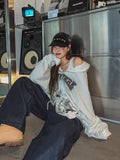 lettering denim wide banding pants