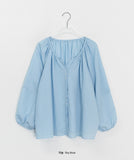 Mopel Shirring Round Long Sleeve Blouse