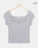 Vucky Lace Square Neck Slim Short Sleeve T-shirt