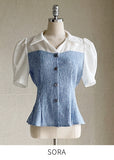 Sweet Seersucker Check Collar Puff Blouse