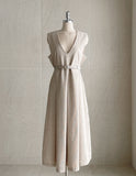 Collard V-neck Pintuck Pleats Long One Piece (belt set)