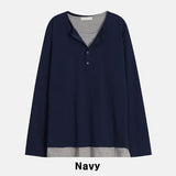 Top two-tone layered henley neck long-sleeved T-shirt