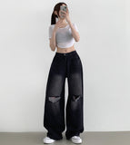 Destroyed Jeans Pleated Side Pin Tuck Balloon Wide Fit Pants