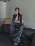 Moshu track line string denim pants