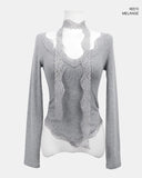 [Scarf Set] Kimen Lace Brushed Crop Long Sleeve T-Shirt