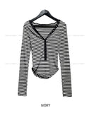 Odd Snap Deep V-Neck Stripe Long Sleeve
