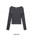 [U-BASIC] Marron Square Neck Slim Long Sleeve