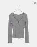 Tsuke Rib Button V-Neck Slim Fit Long Sleeve T-Shirt