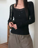 [MADE] Newbe Lace Point Button Ribbed Long Sleeve T-Shirt