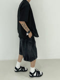 Vintage Washing Rinkle Wide Black Half Denim