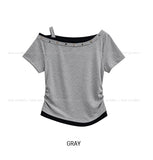 Steen Wood Button Layered One-Shoulder Short Sleeve