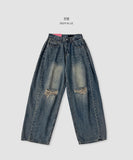 Destroyed Jeans Pleated Side Pin Tuck Balloon Wide Fit Pants