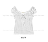 Dot Ribbon Shirring Puff Off-Shoulder Short Sleeve