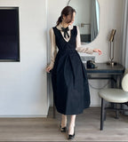 Collard V-neck Pintuck Pleats Long One Piece (belt set)