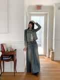 Lazer cut patch maxi denim long skirt