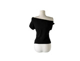 Miu Lettering Off-Shoulder Shirring Short Sleeve T-Shirt