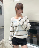 Tsen Stripe Button Henley Neck Long Sleeve Knit