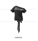 Royal lettering strap unbalanced shoulder short sleeves
