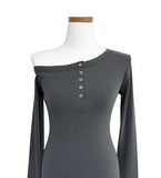 Tees Rib Button Unbalance Shoulder Long Sleeve