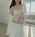 Lovely Lace Ribbon Punching Sleeveless Cardigan Set