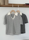 Heden Open Collar Stripe Puff Short Sleeve T-shirt