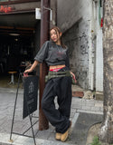 Hotfix side lettering unbalance denim pants