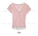 See-through layered button cap sleeve short sleeve