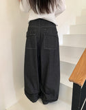 Lemming Stripe Big Pocket Snap Button Denim Wide Long Pants