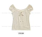 Dot Ribbon Shirring Puff Off-Shoulder Short Sleeve