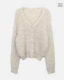 Heri Pine Leaf Balloon Angora V-Neck Loose Knit Fur Cardigan