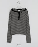 Seliki Stripe Button Hood Long Sleeve Tee