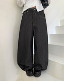 Lemming Stripe Big Pocket Snap Button Denim Wide Long Pants