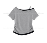 Steen Wood Button Layered One-Shoulder Short Sleeve
