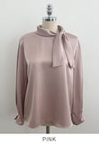 Luan Satin Pintuck Pearl Tie Blouse