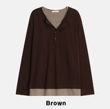 Top two-tone layered henley neck long-sleeved T-shirt
