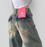 Back Point Pocket Washing Wide Fit Denim Pants