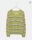 Tsen Stripe Button Henley Neck Long Sleeve Knit